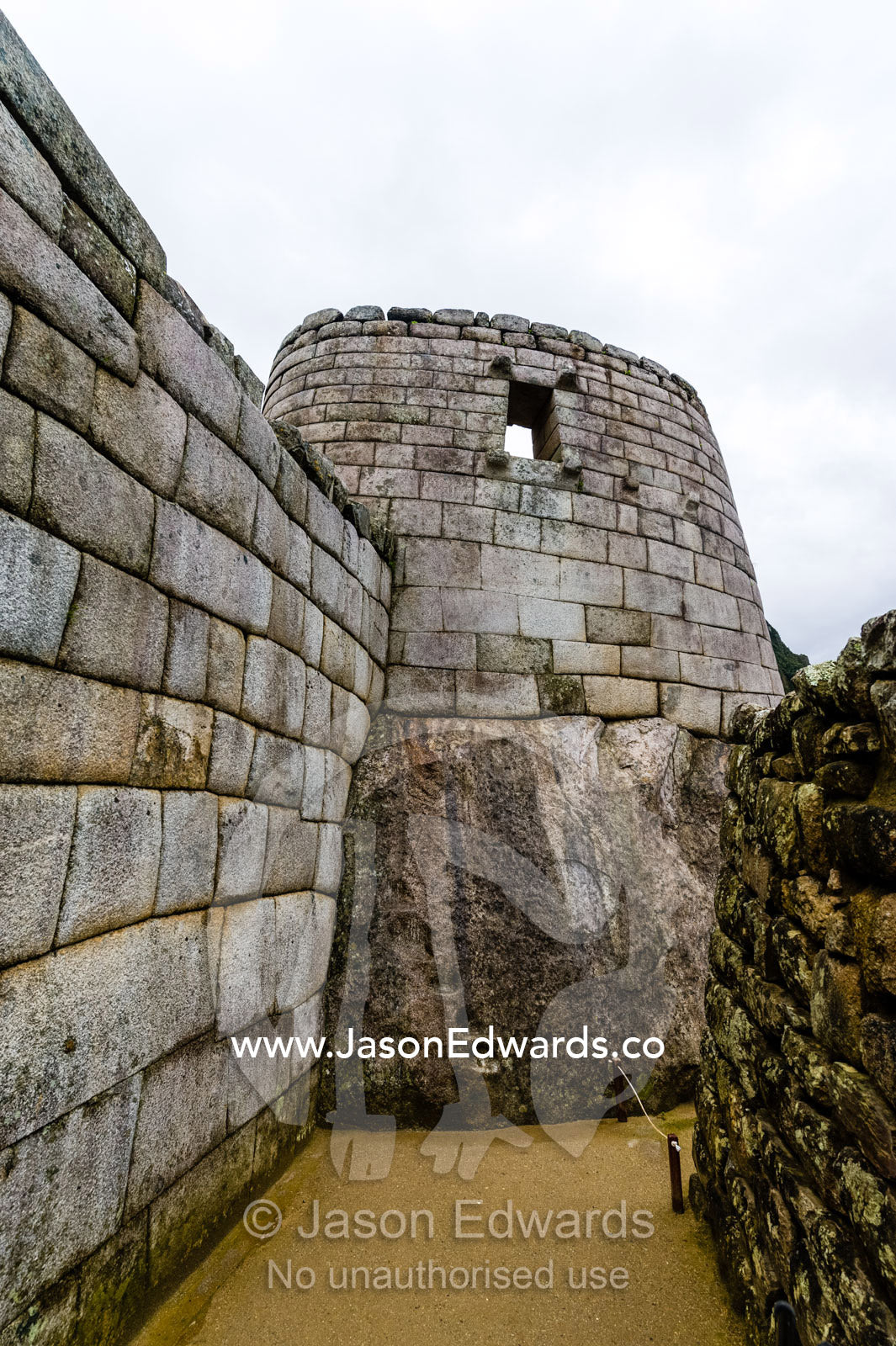 Inca polished dry-stone walls at the Temple of the Sun and Torreon, the observatory. Peru.