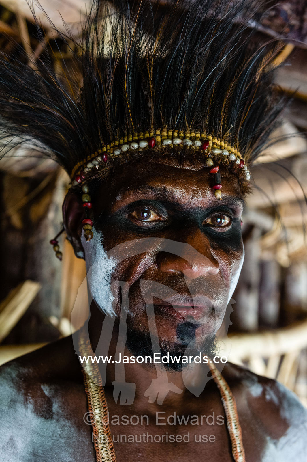 The terrifying stare of an Asmat warrior in war paint and headdress during a Bis pole raising ceremony. Syuru Village, Asmat Regency, Papua, Indonesia