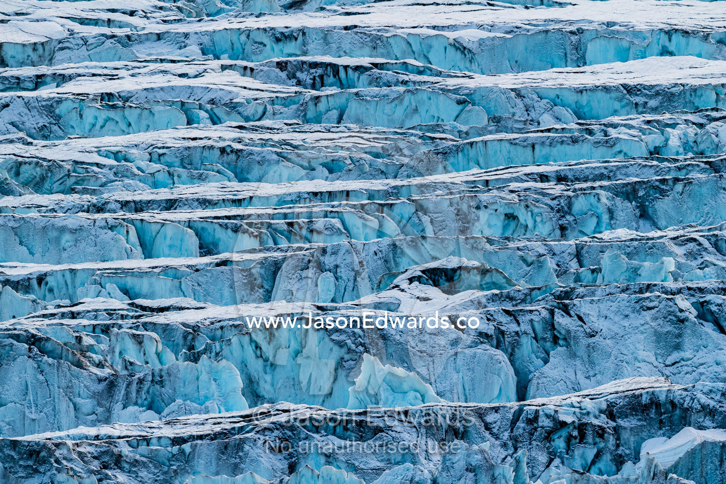 Crevasses and pressure ridges at the terminus fracture zone of a glacier. Vikingbukt, Viking Bay, Brede Glacier, Scoresby Sound, Greenland