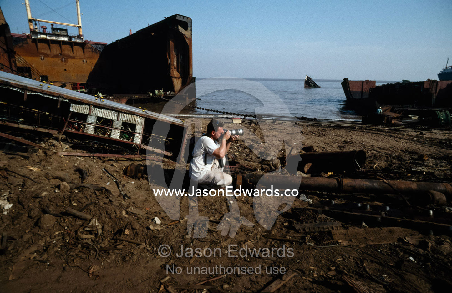 Jason Edwards photographs a shipbreaking yard on a Gujarat beach. Gujarat State, India.