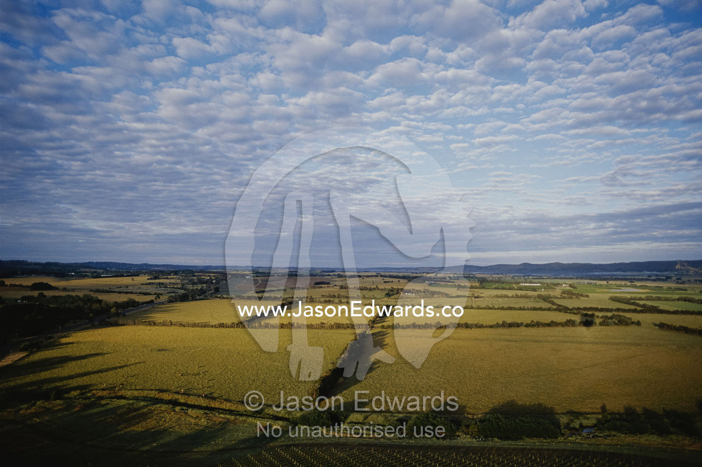 Aerial of Yarra Valley farmland. Yarra Valley, Victoria, Australia.