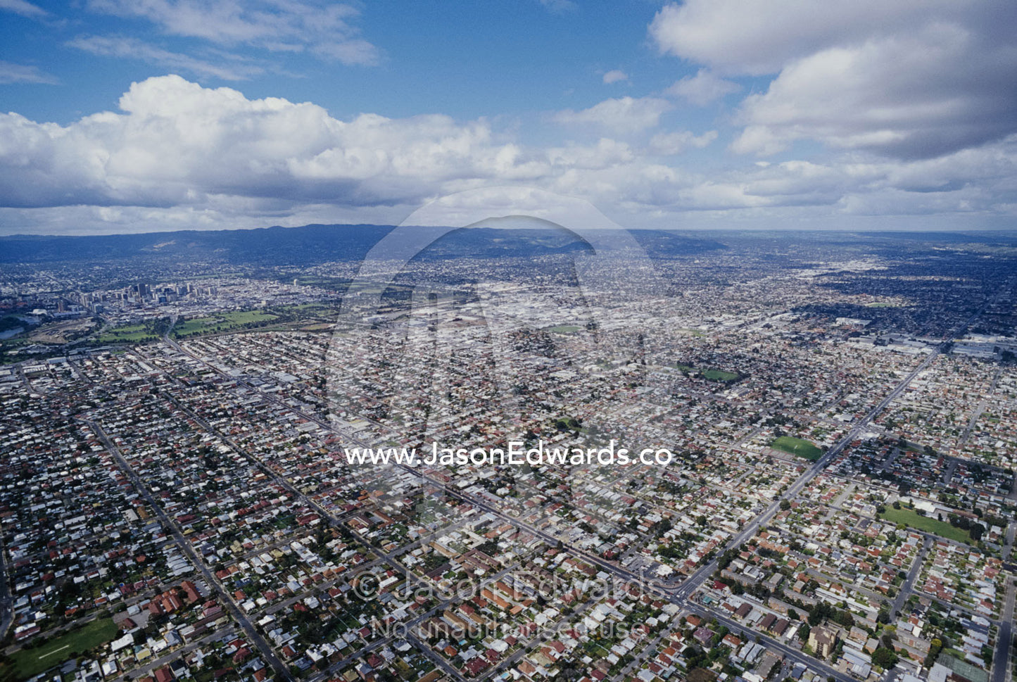 Aerial of Adelaide suburban sprawl. Adelaide, South Australia, Australia.