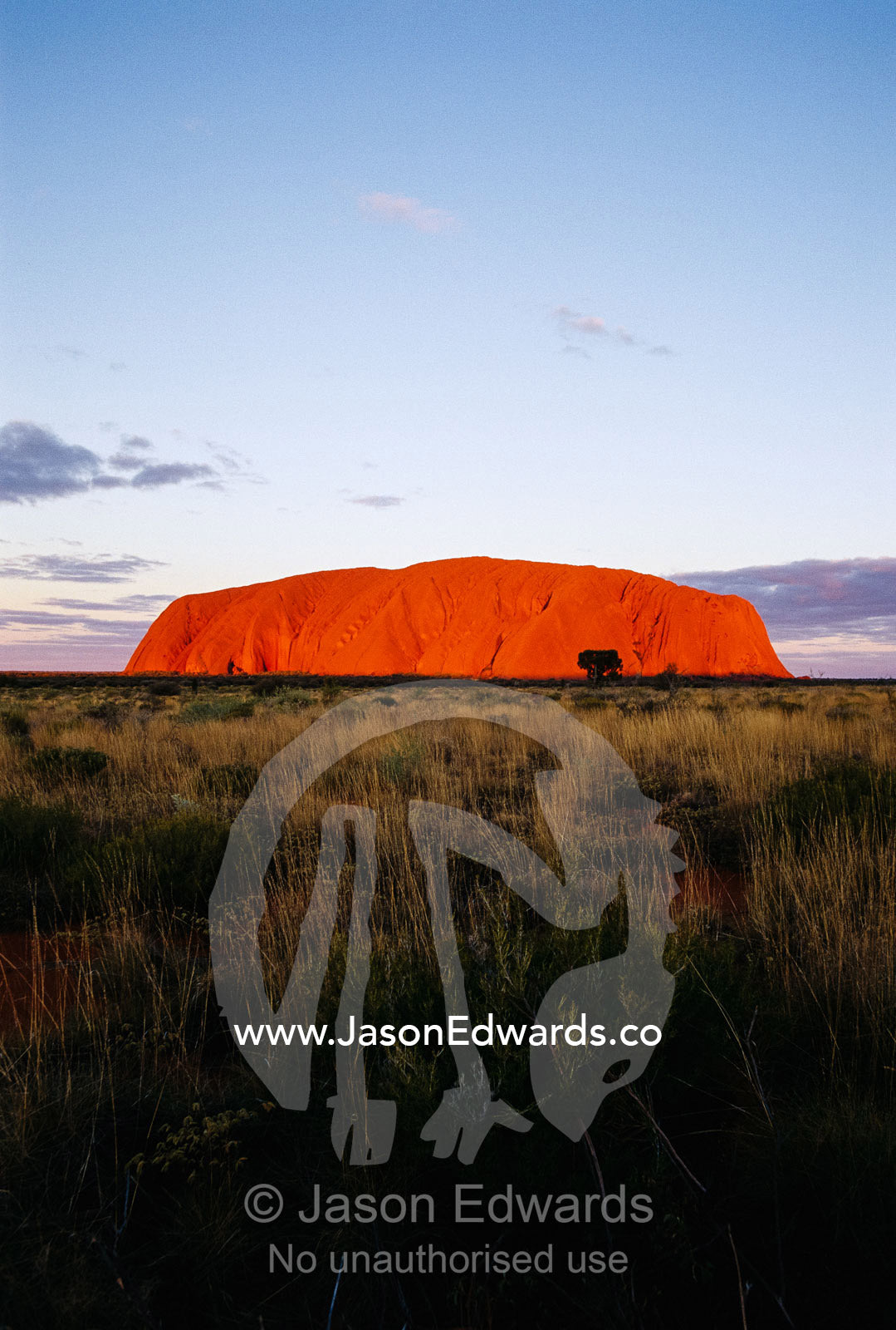 A view of Ayers Rock under a purplish twilight sky. Ayers Rock, Uluru National Park, Northern Territory, Australia.