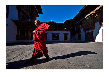 A brisk wind catches the flaming-red robes of a Buddhist monk as he strides purposefully between prayers in a Himalayan valley in Bhutan.