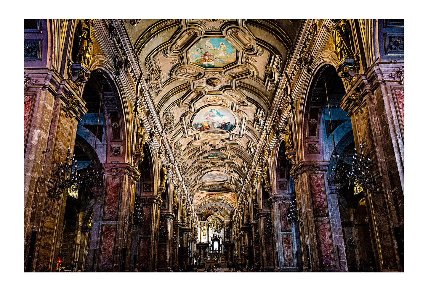 The ornate ceiling, pillars and nave of the catholic church, Santiago Metropolitan Cathedral. Santiago, Chile.