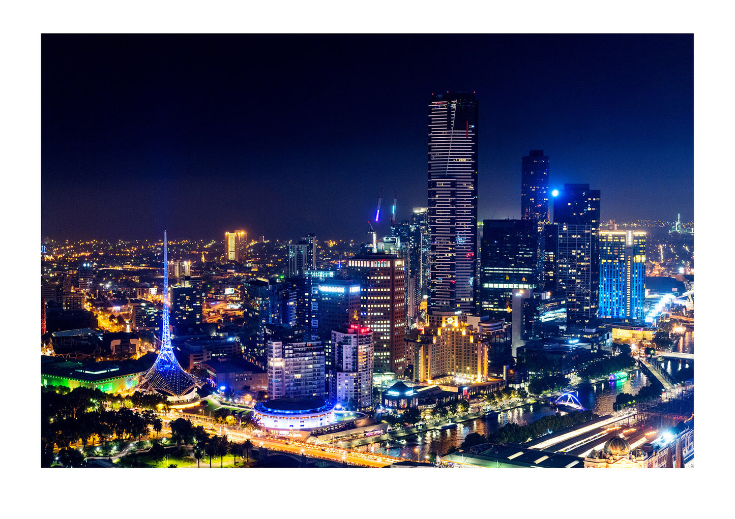 Overlooking the Melbourne city skyline and the Yarra River at night. Melbourne, Victoria, Australia.