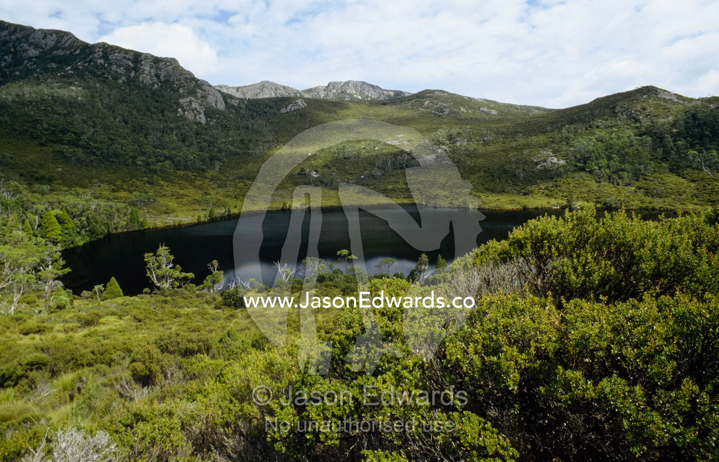 An alpine glacial lake surrounded by heathland and granite mountains. Cradle Mountain and Lake Saint Clair National Park, Tasmania, Australia.