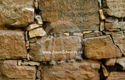 Detail of a ruined wall of the Guarani baroque ruins of San Ignacio. San Ignacio Mini, near Posades, Argentina.