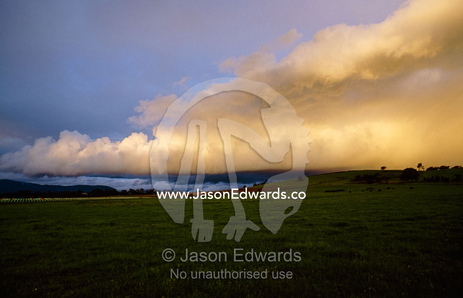 Storm clouds gather over farmland and vineyards. Yarra Valley, Victoria, Australia.