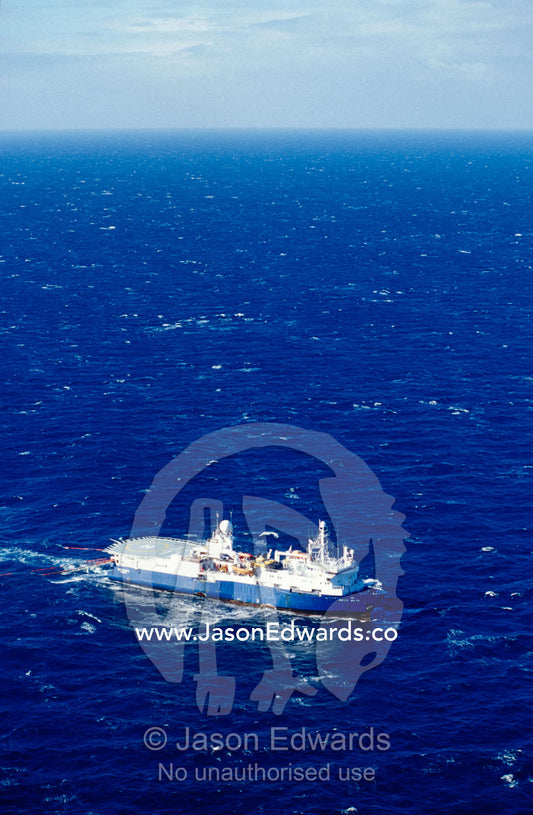 An aerial view of the Geco Beta Seismic vessel surveying the vast sea. Bass Strait, Victoria, Australia