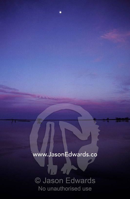 Moonrise over the tranquil waters of the desert-locked Coongie Lakes. Coongie Lakes Innamincka Regional Reserve South Australia.