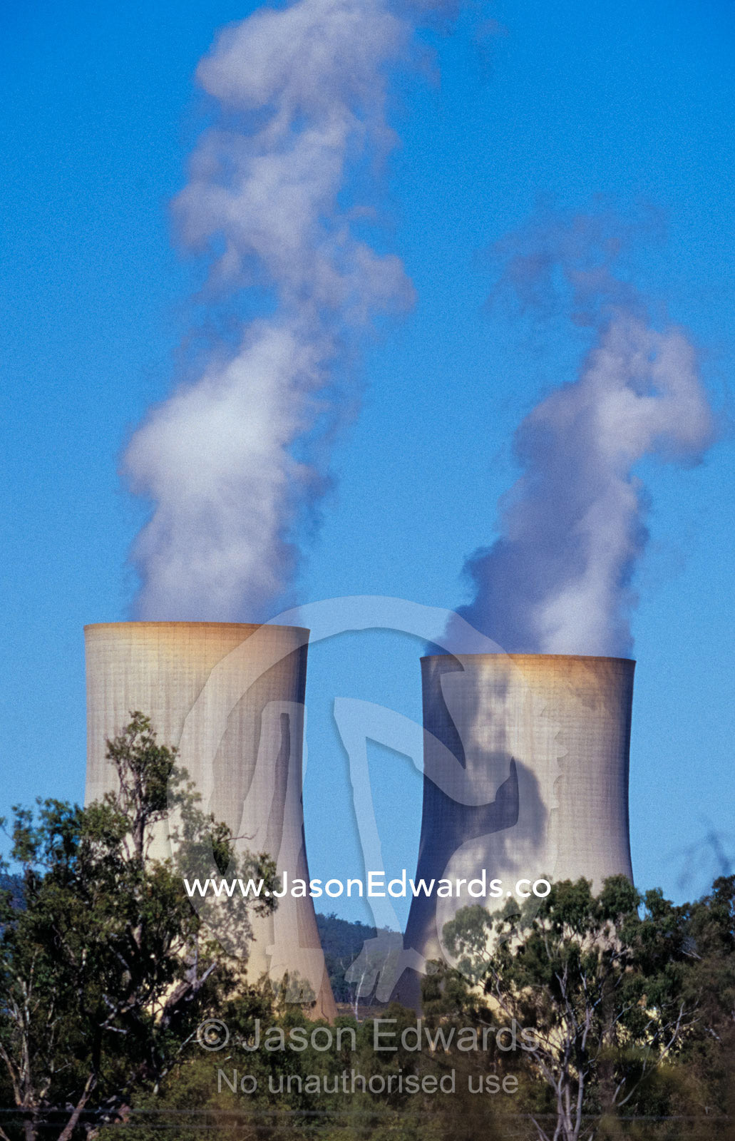 Steam belches from chimneys at an electricity generating power station Tarong Queensland Australia.
