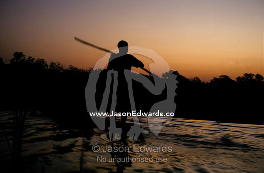 A village tribesman poles a mekoro through a wetland swamp at sunset. Okavango Delta Botswana.
