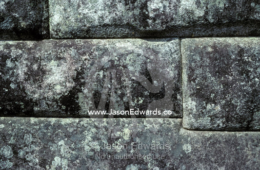 Lichen growing on the ancient granite walls of Machu Picchu Inca ruins Machu Picchu, Peru.