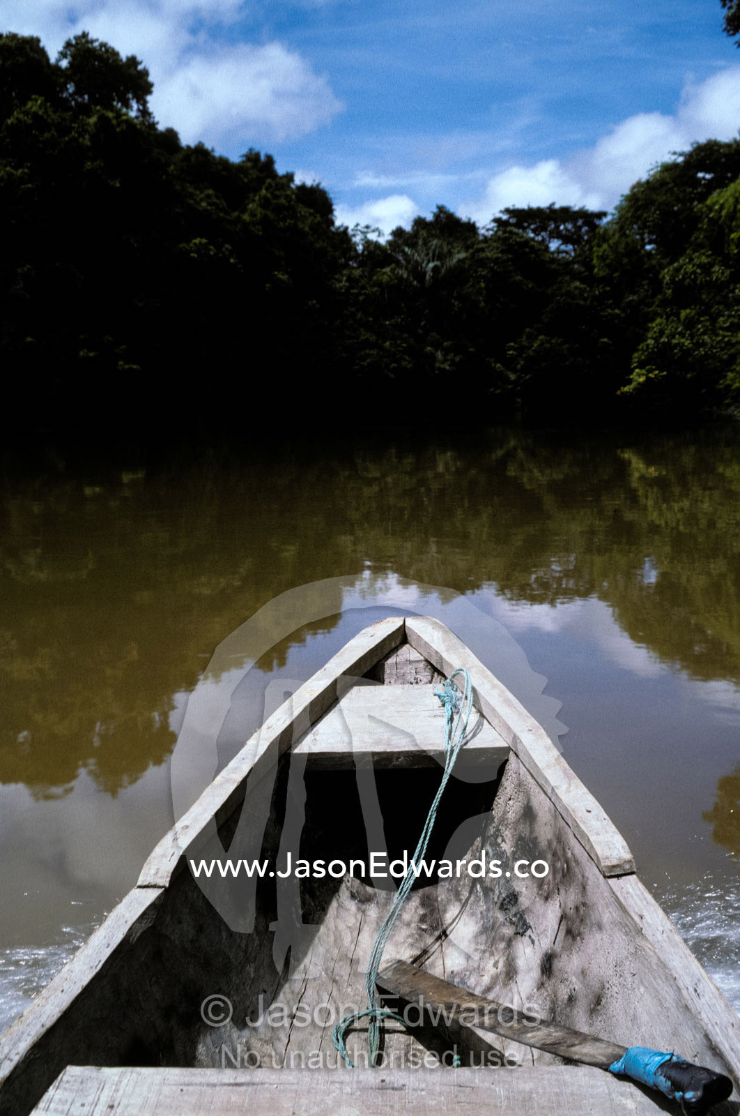 A dugout canoe on the Amazon River surrounded by tropical rainforest. Amazon Basin, Northern Peru.