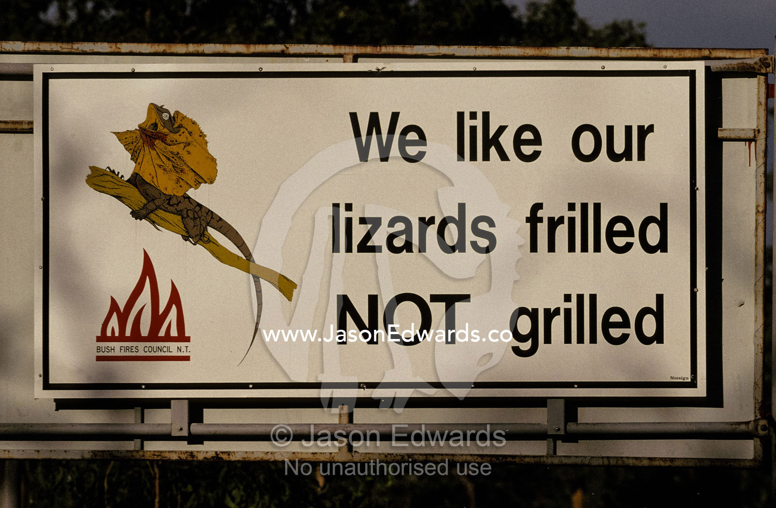 Bush fire conservation road sign protects the Frilled Lizards habitat. Kimberley Ranges National Park, Western Australia.