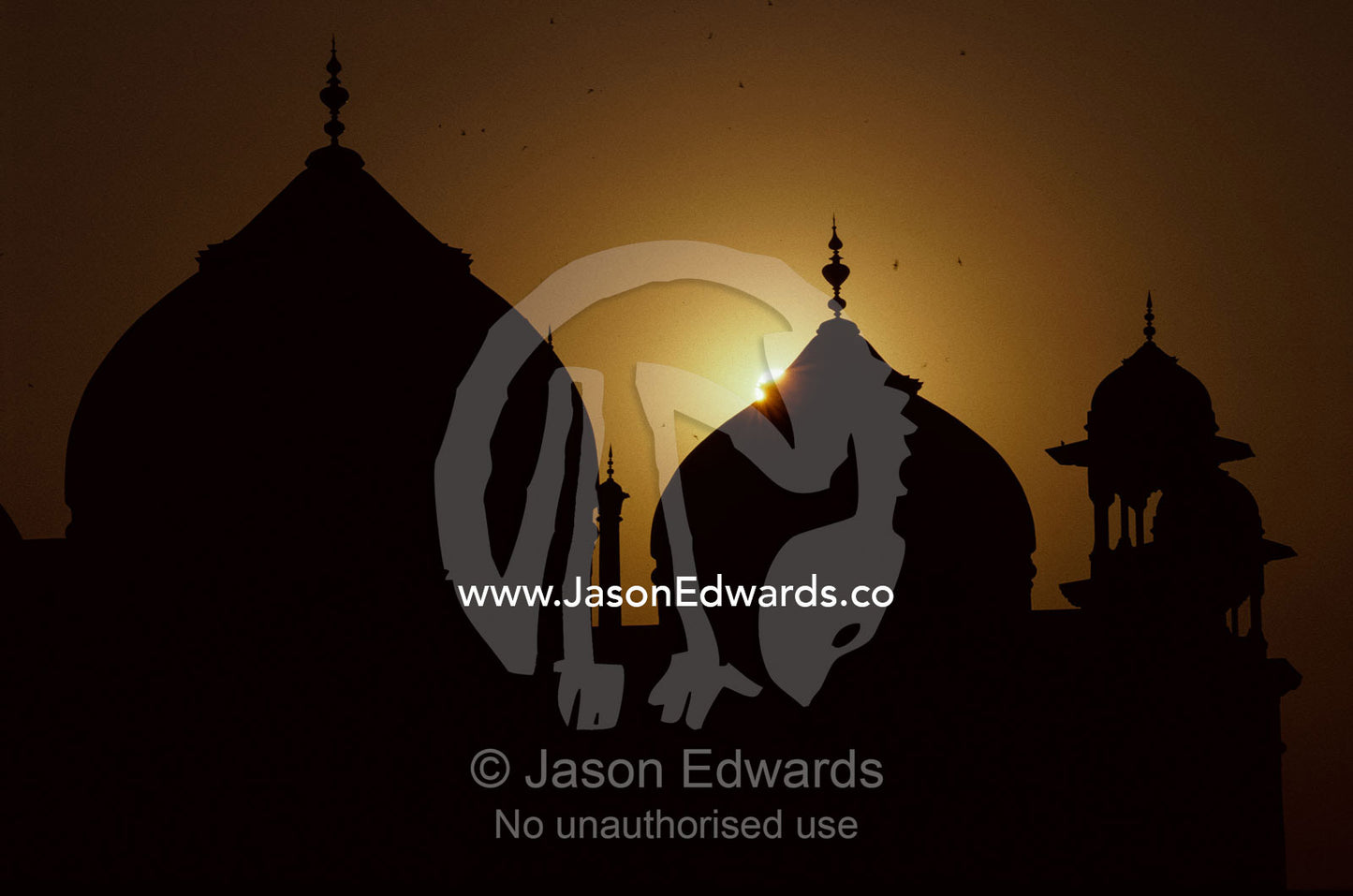 Taj Mahal mosque domes and turrets silhouetted at sunset. Taj Mahal, Agra, India.