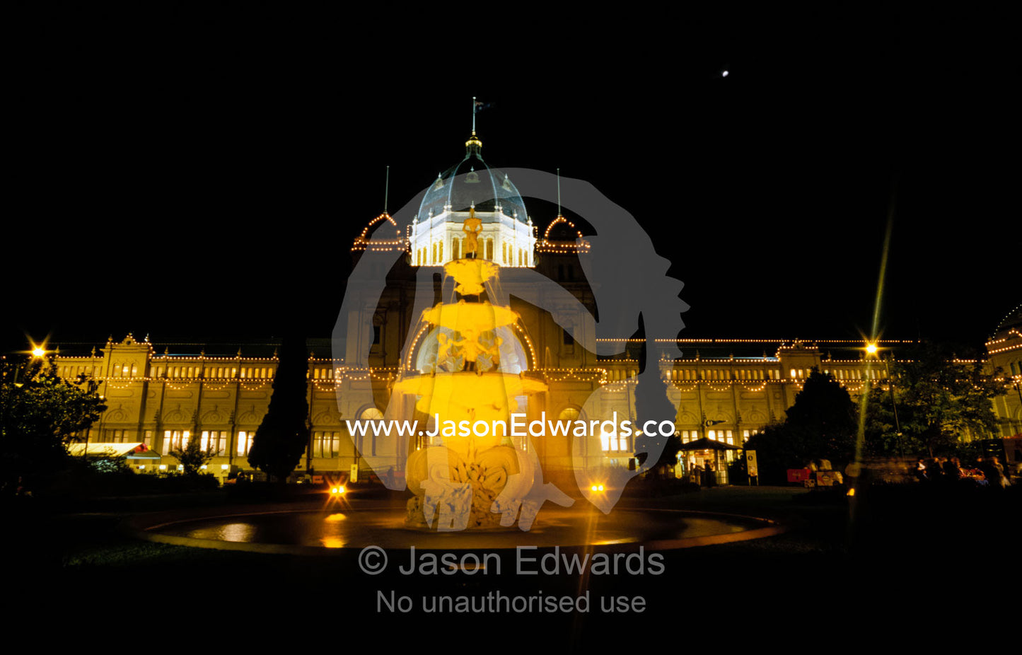 World Heritage Listed Royal Exhibition Buildings and Gardens at night. Carlton Gardens Victoria Australia.