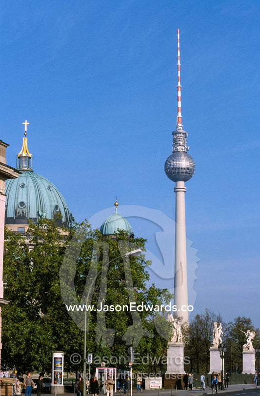 The second tallest radio tower in Europe looms over Berlin. Berlin, Brandenburg, Germany.
