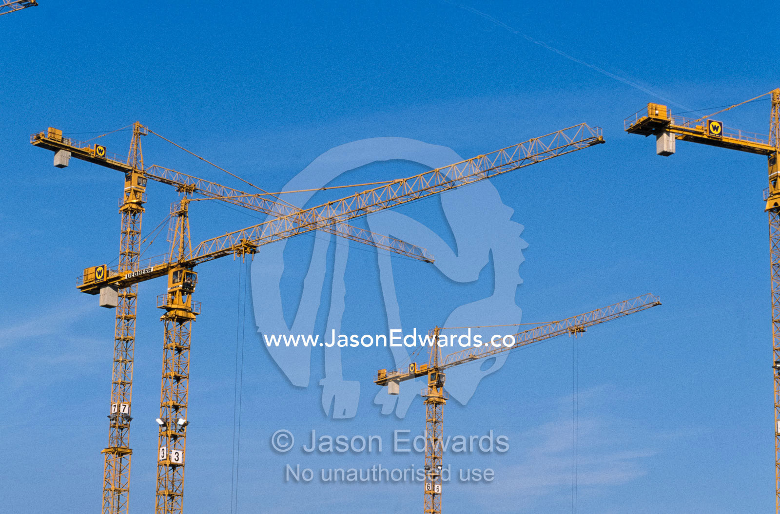 Cranes fill the sky during the consruction of Government offices. Berlin, Brandenburg, Germany.