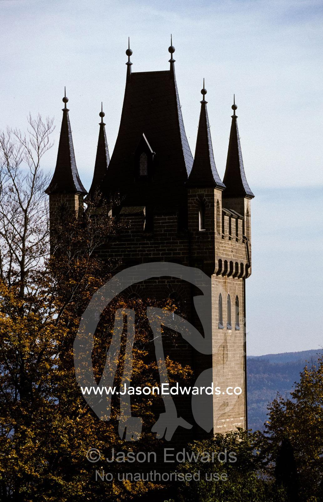 A fairytale turret at Burg Hohenzollern Castle 1850-1867, in Bavaria. Burg Hohenzollern Swabische alb, Swabian Jura, Prussia, Baden-Wurttenberg, Germany.