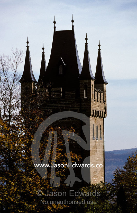 A fairytale turret at Burg Hohenzollern Castle 1850-1867, in Bavaria. Burg Hohenzollern Swabische alb, Swabian Jura, Prussia, Baden-Wurttenberg, Germany.