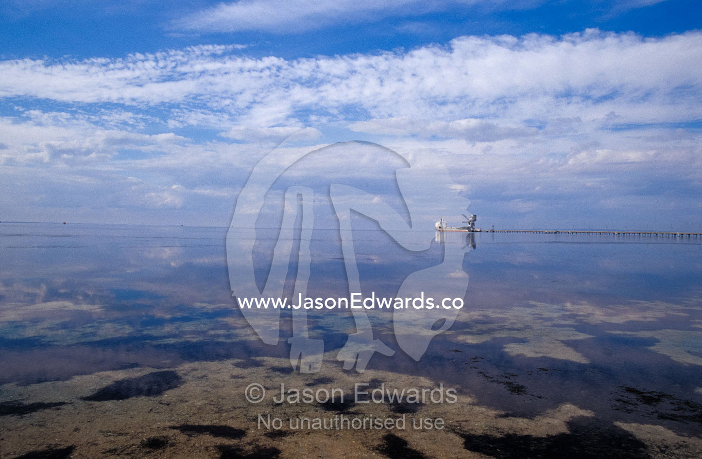 A Cargo Tanker Ship tied up to a jetty, in a vast calm harbour. Point Henry, Victoria, Australia.