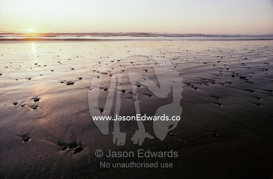 Pebbles form patterns on a sandy ocean tidal flat at sunset. Ocean Beach, Strahan, Tasmania, Australia.