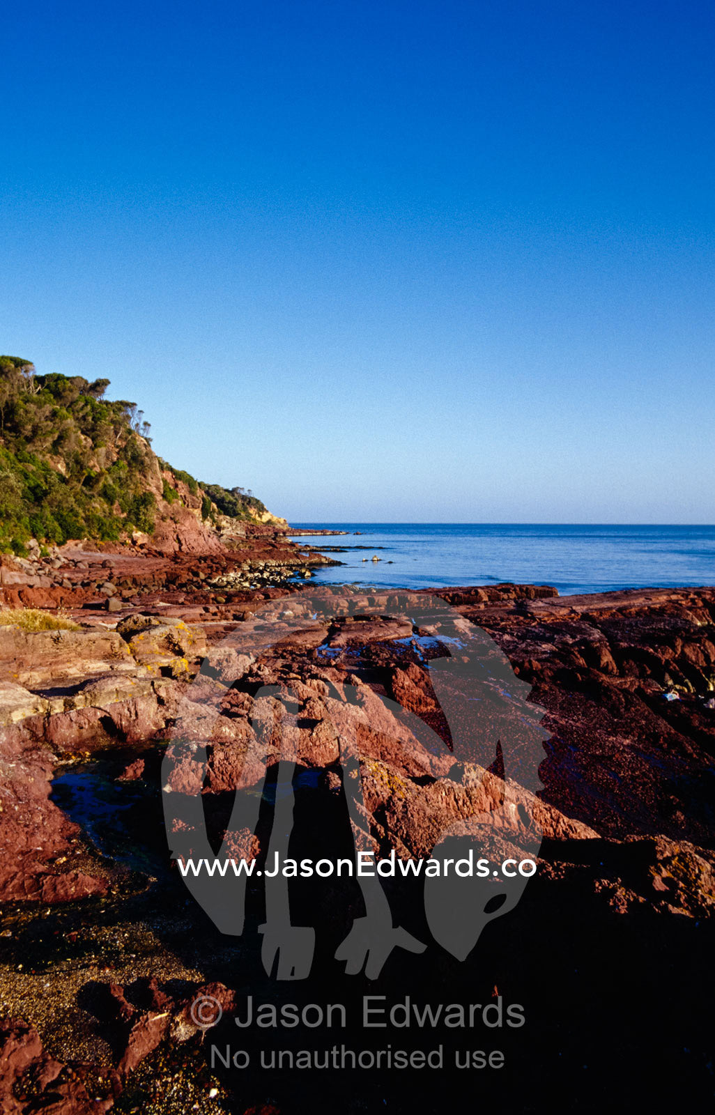 Rockpools in volcanic rock formations along a coastal cliff face. Merimbula Wharf, New South Wales, Australia.