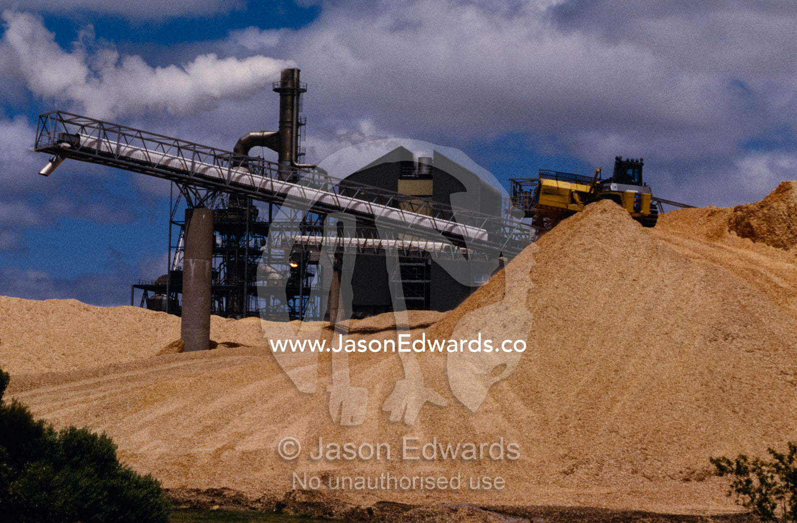 A logging wood chip mill and a tractor atop a vast mound of pulp. Kimberley Clarke Australia, Millicent, South Australia.