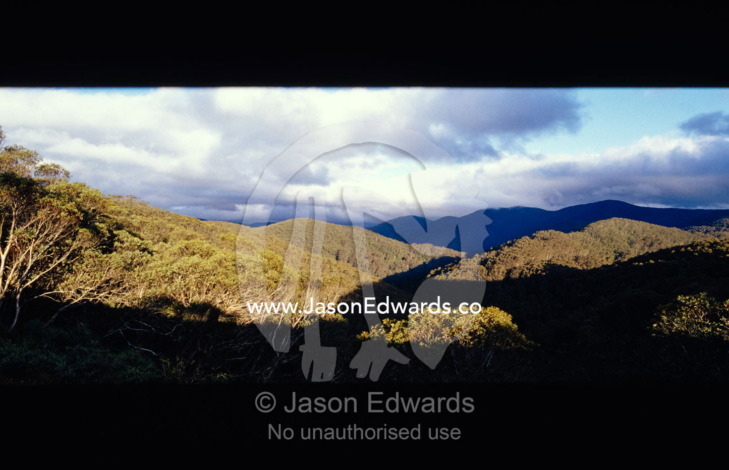 Storm clouds over mountains and shadowed valleys of Alpine Ash forest. Alpine National Park, Victoria, Australia.