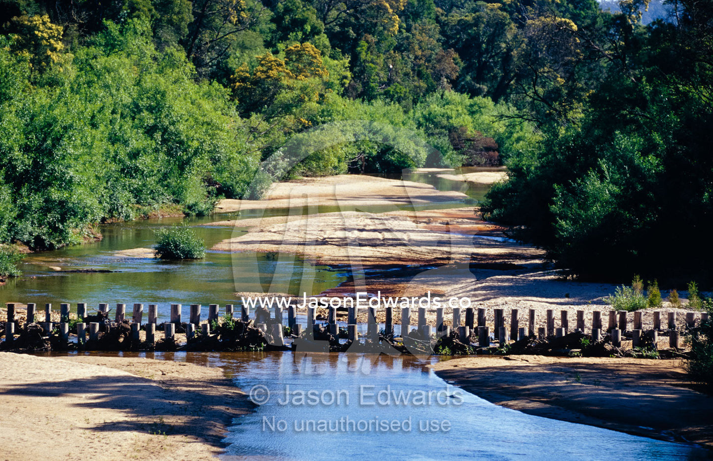 A forest lined low flowing river during a drought between sand banks. Cann River, Victoria, Australia.