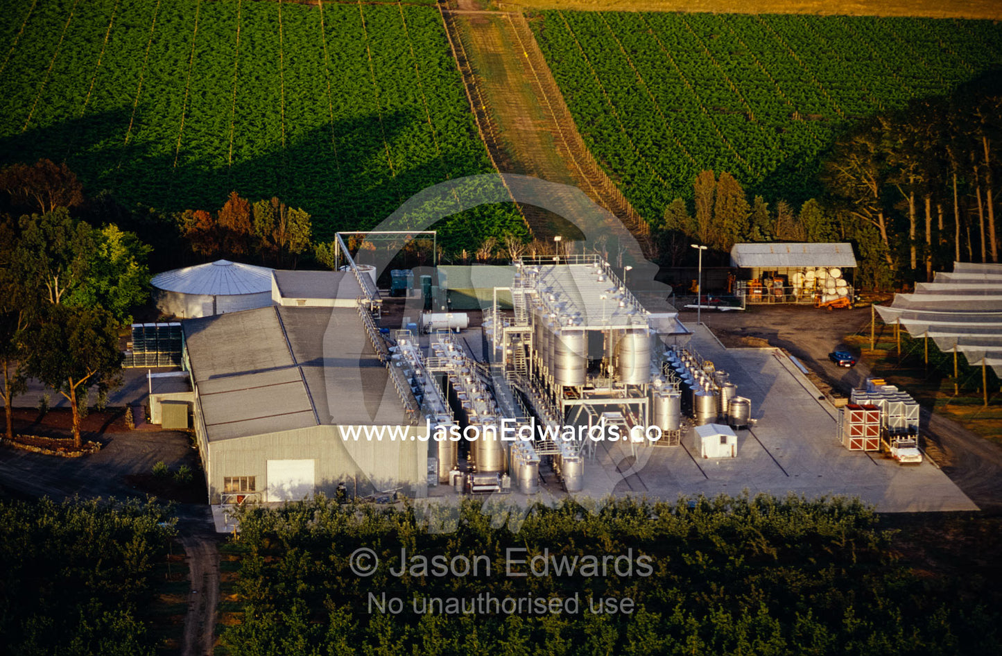 An aerial view of a Winery and Vineyard. Yarra Valley, Victoria, Australia.