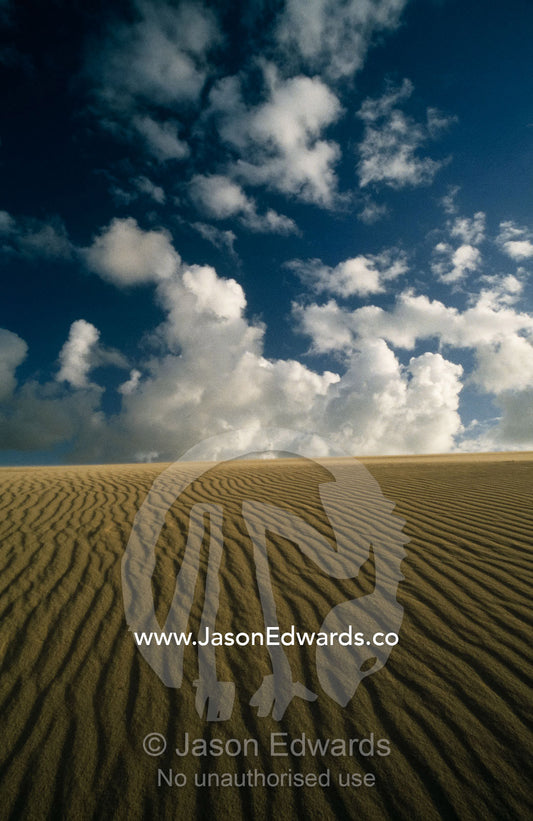 Clouds over wind sculpted icy, coastal sand dunes. Coorong National Park, South Australia.
