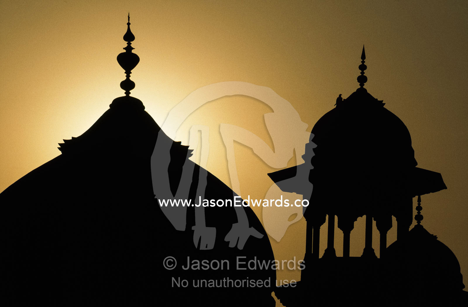 The silhouetted domes of the Taj Mahal mosque at sunset. Agra, India.