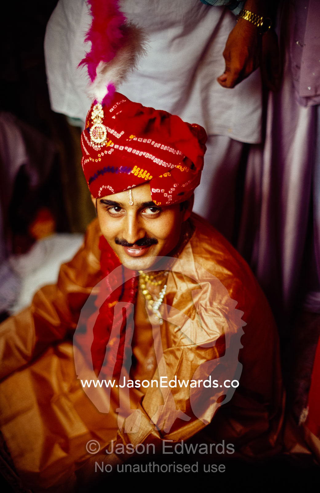 A portrait of a Hindu groom at his wedding. Sawai Madhopur, Rajasthan State, India.
