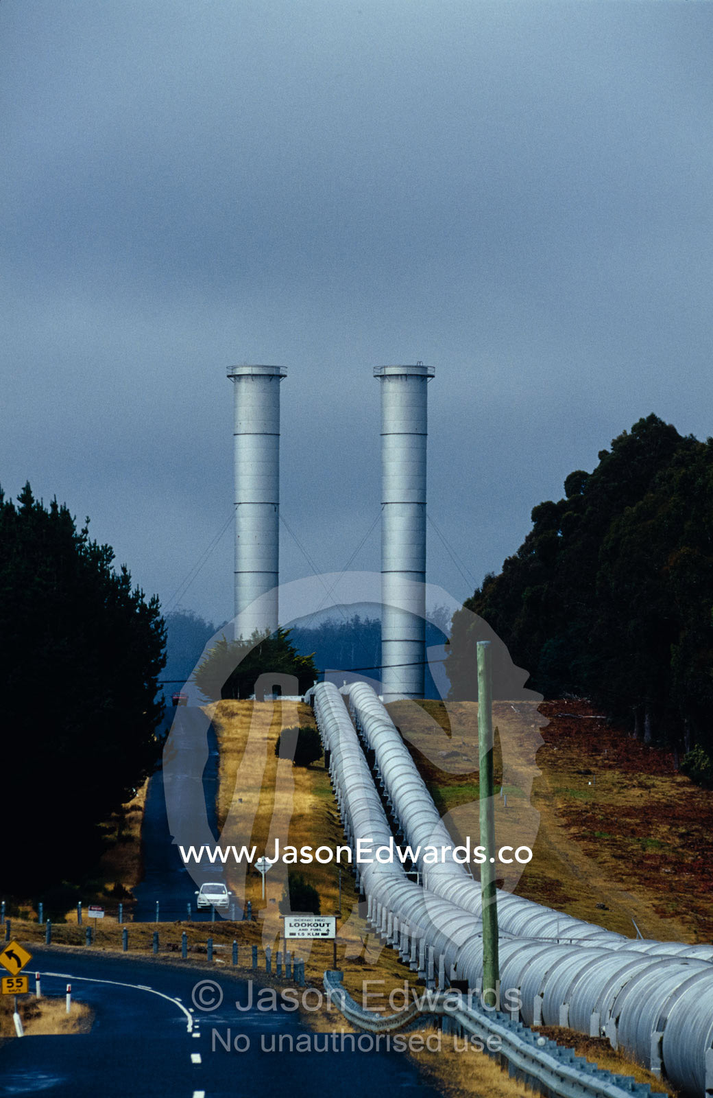 A massive hydro electric power station water supply pipe. Tungatinan, Tasmania, Australia.