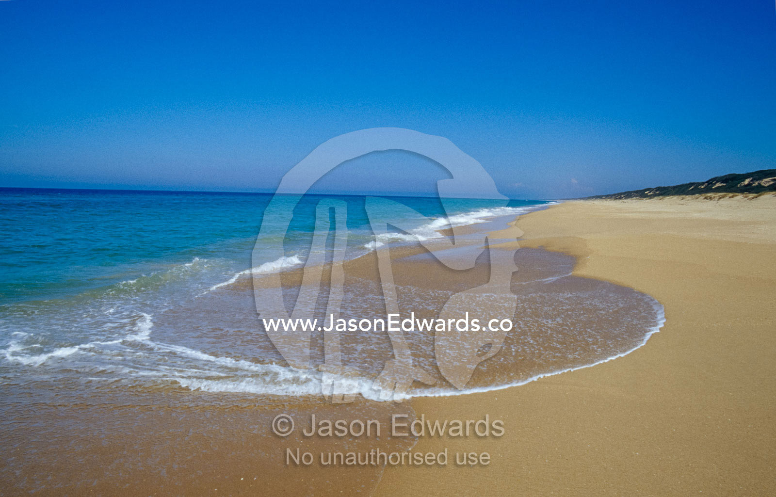 A deep blue sea and crisp waves lap the shoreline of the 90 Mile Beach The Lakes National Park, Victoria, Australia.
