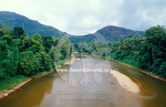 Villagers bathe and do laundry in a rainforest lined river. Central, southern, Sri Lanka.