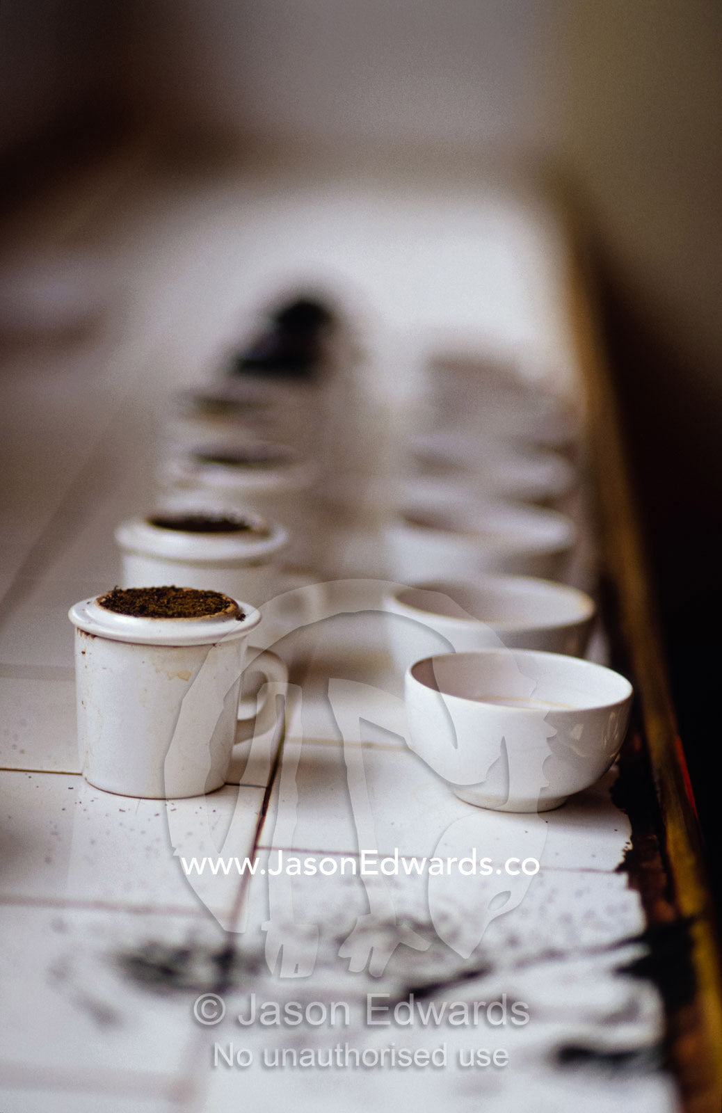 Small cups hold samples of freshly ground tea for taste testing. Nuwara Eliya, Sri Lanka.