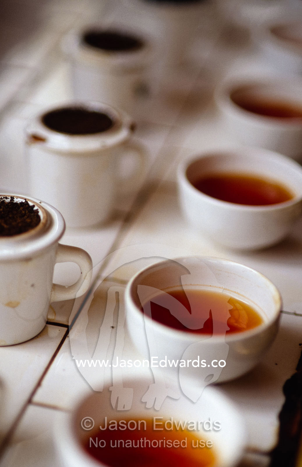 Small cups hold samples of freshly ground tea for taste testing. Nuwara Eliya, Sri Lanka.