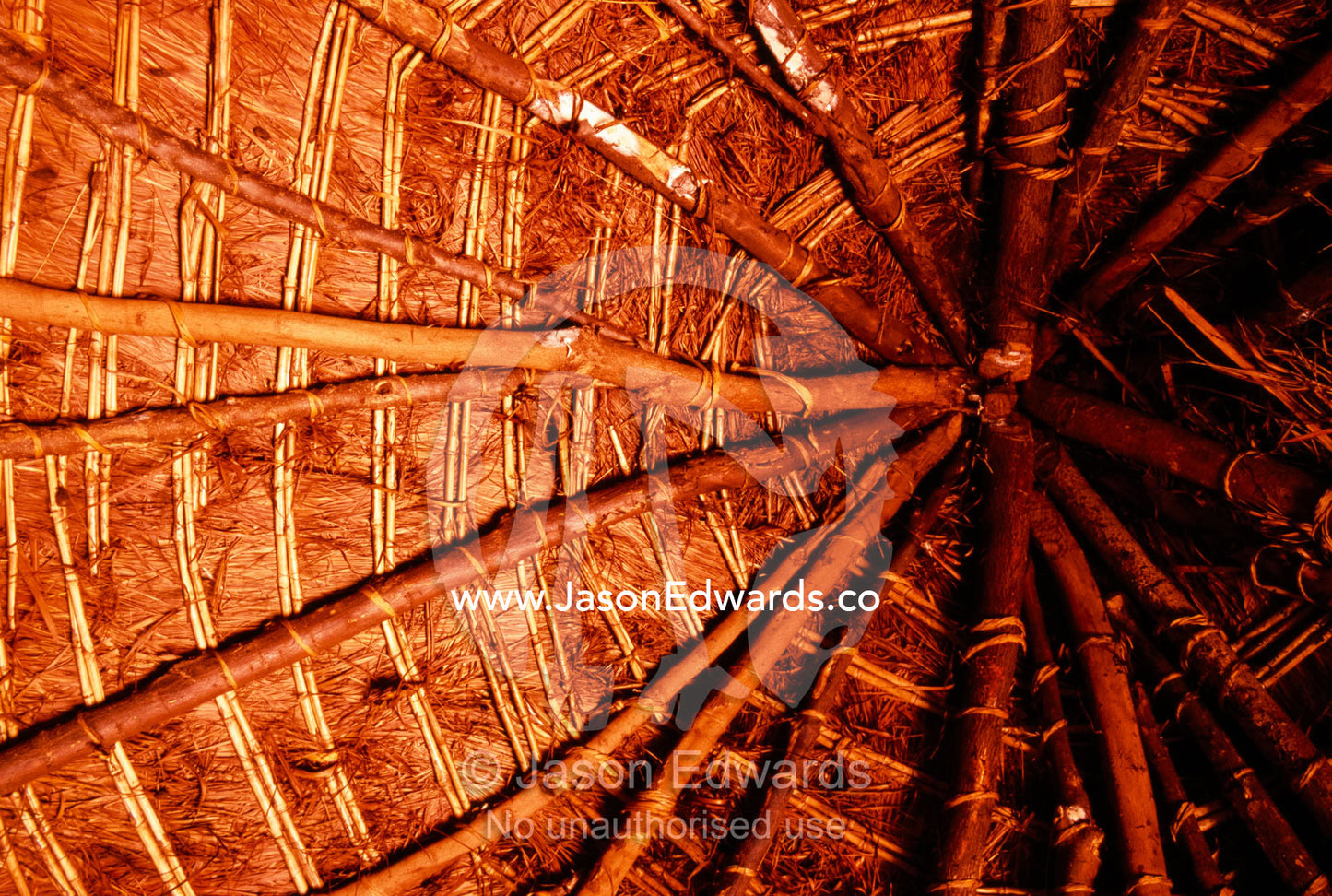A detail of the inside of the thatched roof of an African mud hut. Tororo District, Uganda.