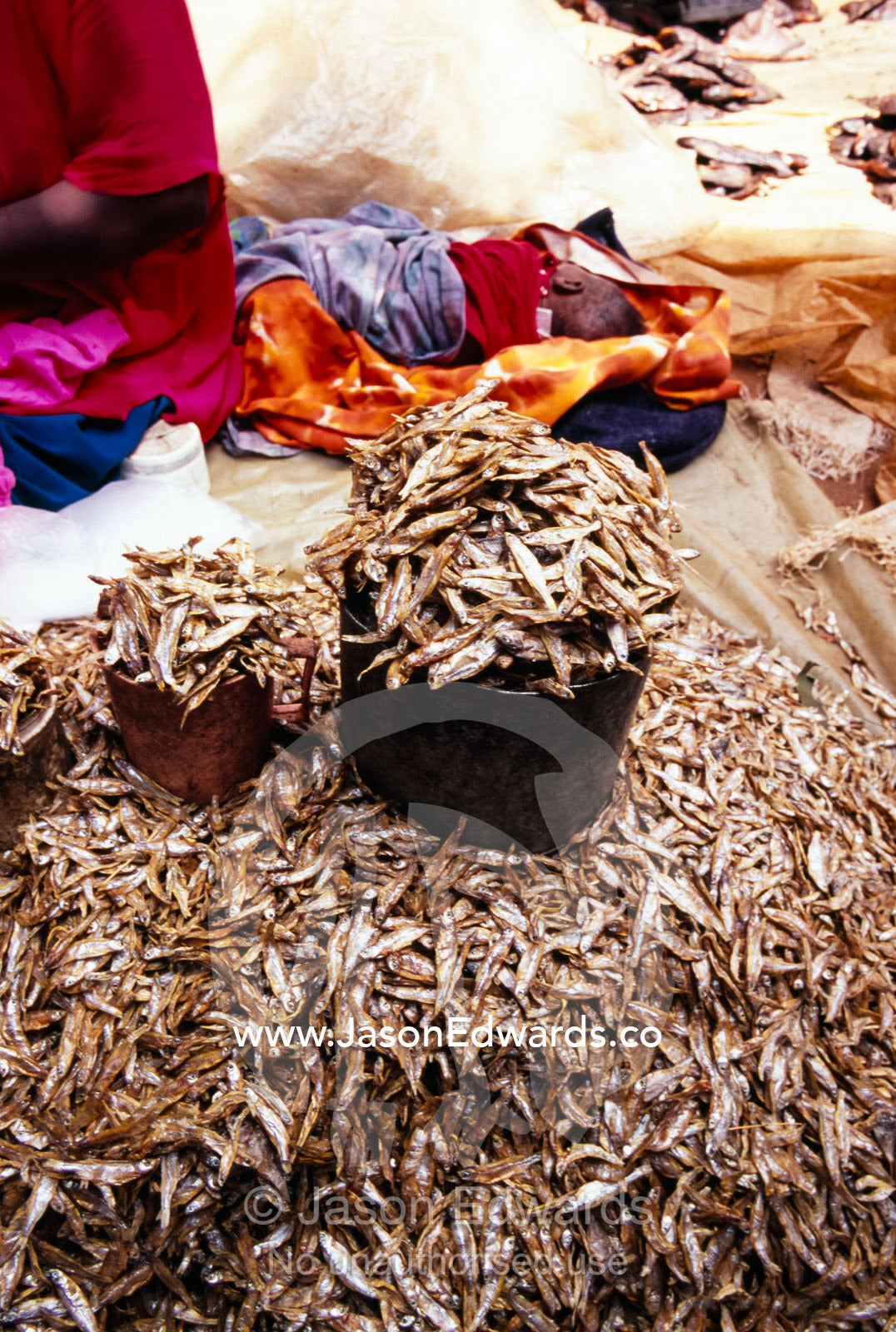 Mounds of small dried lake fish for sale in an open air market. Tororo District, Uganda.
