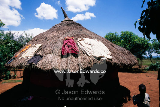 Laundry drying in the sun on the thatched roof of an African mud hut. Tororo District, Uganda.