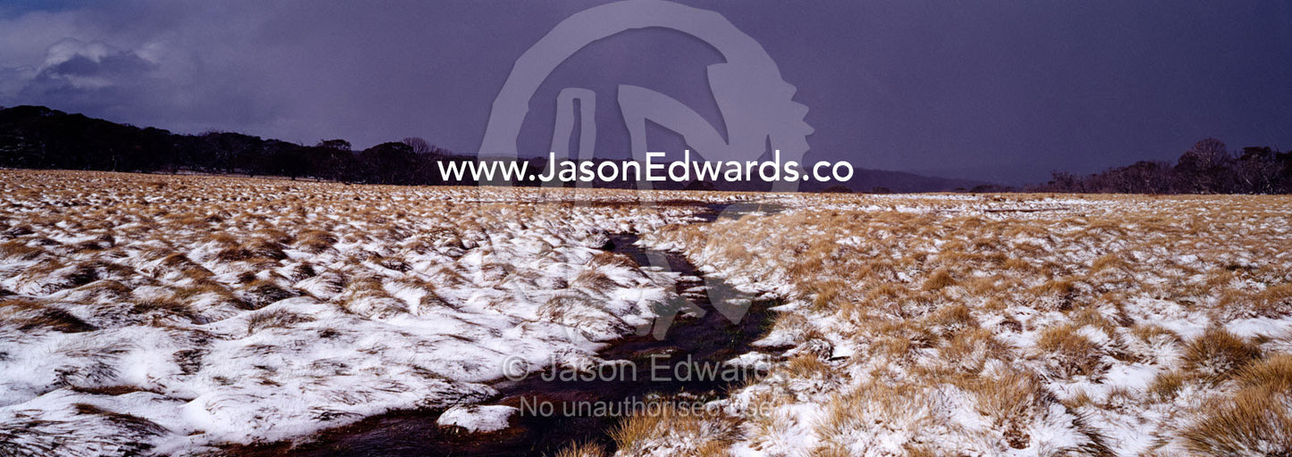 A small stream flows over snowy alpine grasses on a barren plain. JB Plain, Alpine National Park, Victoria, Australia.