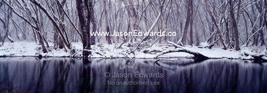Light snow covers a forest of Snow Gum surrounding a small alpine pool Mount Hotham, Alpine National Park, Victoria, Australia.