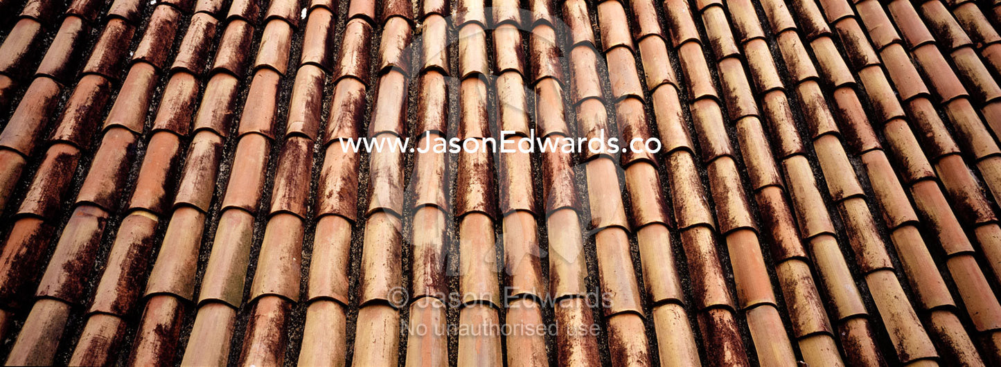 The neat, textured terracotta tiles of a coastal resort roof. Negombo Beach, Sri Lanka.