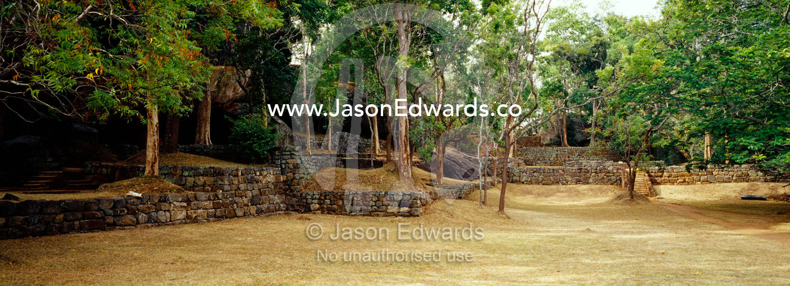 Forested Royal Gardens at the base of the Sigiriya Lion Rock fortress. Sigiriya Lion Rock Fortress, Sri Lanka.