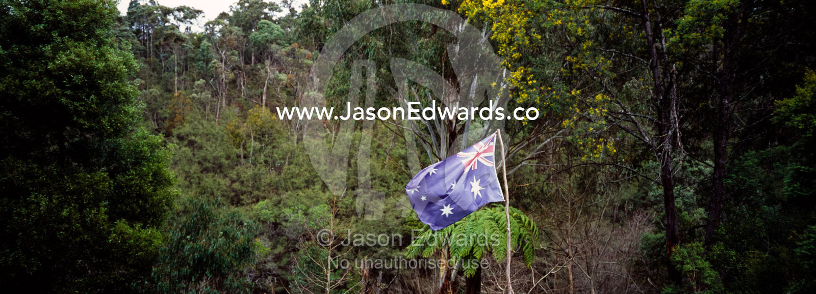 An Australian flag flaps in the breeze in the High Country forest. Jamieson, Victoria, Australia.