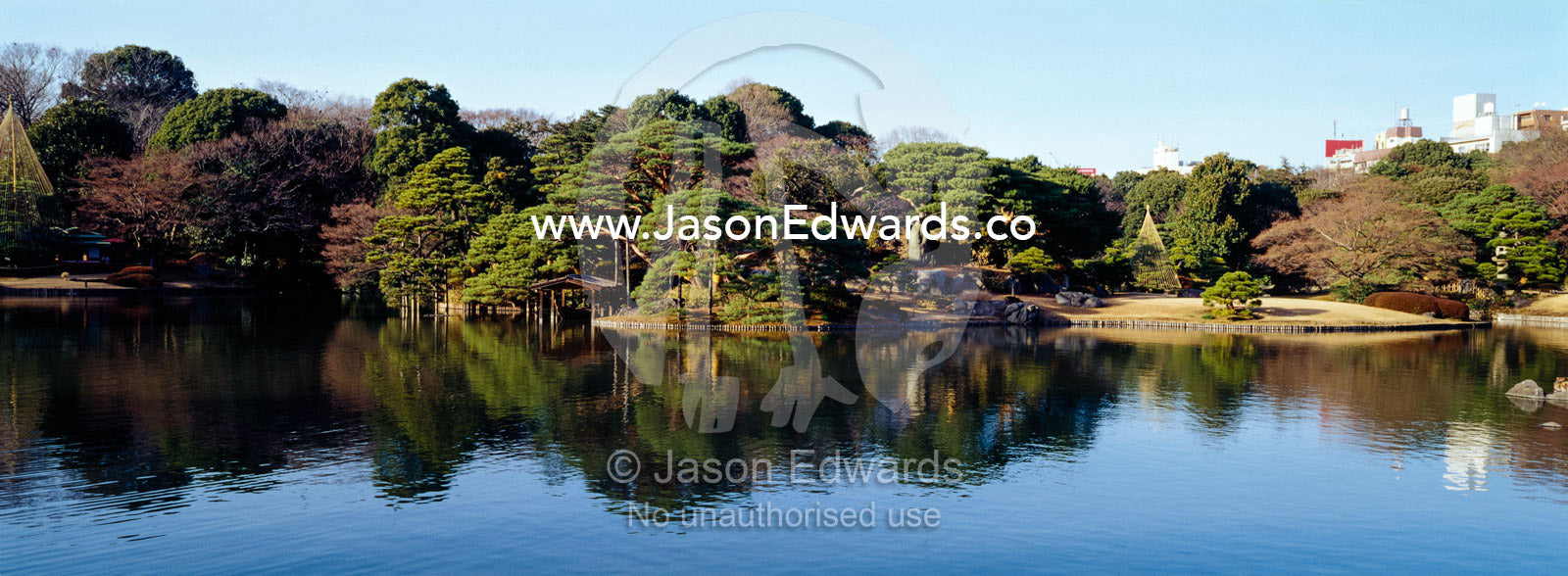 An ancient Japanese garden reflected in the still waters of a lake. Tokyo, Japan.
